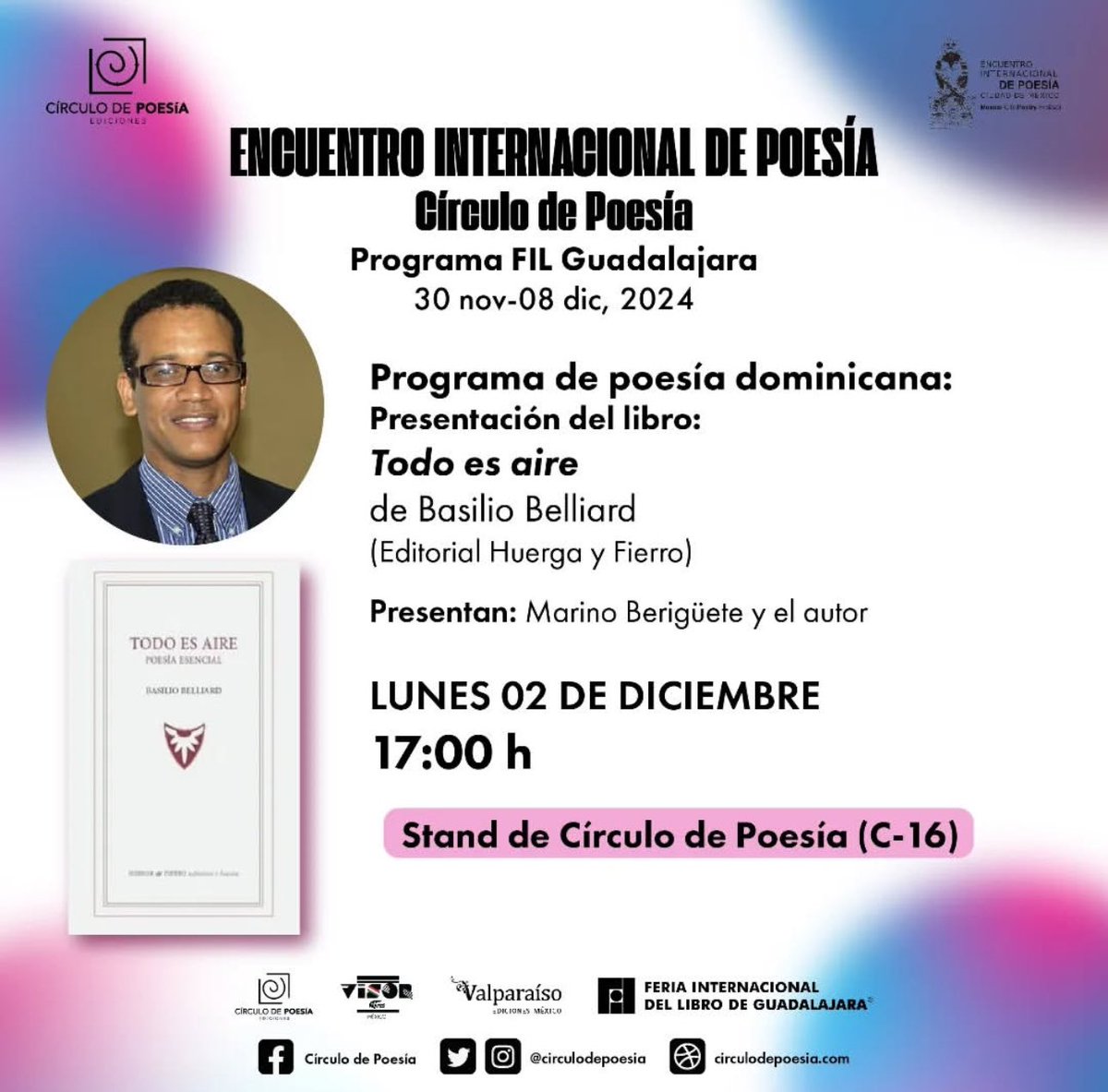 Lizamavel Collado 🇩🇴 (@lizamavel) on Twitter photo A las 5:00 pm, nuestro estimado Basilio (<a href="/BelliardBasilio/">Basilio Belliard</a>) presentará su obra más reciente en la Feria del Libro de Guadalajara. 📚📖✨
¡Enhorabuena amigo querido!
<a href="/MiculturaRD/">Ministerio de Cultura 🇩🇴</a>
<a href="/circulodepoesia/">Círculo de Poesía</a>
<a href="/HuergayFierro/">Huerga & Fierro eds.</a>
<a href="/mberiguete/">Marino Berigüete</a> A las 5:00 pm, nuestro estimado Basilio (<a href="/BelliardBasilio/">Basilio Belliard</a>) presentará su obra más reciente en la Feria del Libro de Guadalajara. 📚📖✨
¡Enhorabuena amigo querido!
<a href="/MiculturaRD/">Ministerio de Cultura 🇩🇴</a>
<a href="/circulodepoesia/">Círculo de Poesía</a>
<a href="/HuergayFierro/">Huerga & Fierro eds.</a>
<a href="/mberiguete/">Marino Berigüete</a>