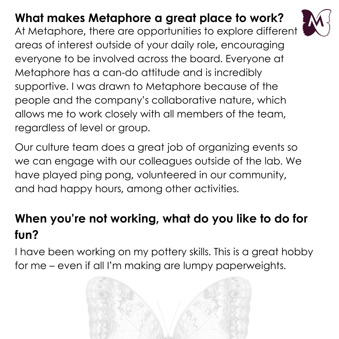 Meet Kayce VanPelt who leads our lab operations. Learn more about what jumpstarted her career in the lab, and why she thinks Metaphore is a great place to work. #LifeAtMetaphore #WeAreHiring #JoinUs