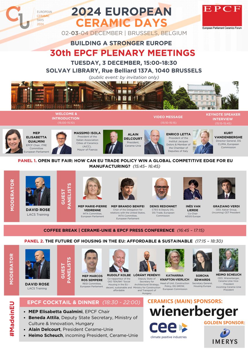 CerameUnie's tweet photo. 📢The 30th #EPCF is about to start! More than 170 people have registered to follow the discussions on this year’s🔑topics: EU Trade, Competitiveness, and Affordable & Sustainable Housing. Stay tuned for the 🔑messages shared by the distinguished guest speakers. #24ECD #MADEinEU https://t.co/oejHAdlJv5