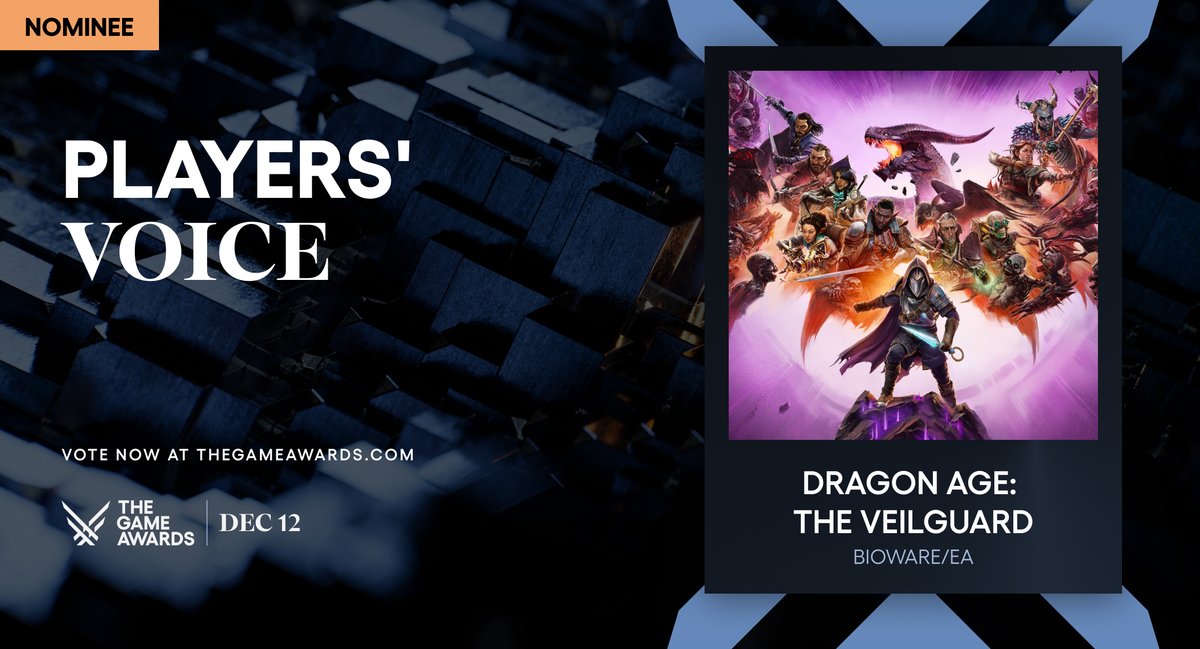 The Game Awards (@thegameawards) on Twitter photo <a href="/dragonage/">Dragon Age</a> <a href="/bioware/">BioWare</a> <a href="/EA/">Electronic Arts</a> Congratulations on your Players’ Voice nomination! #TheGameAwards
Vote now at bit.ly/tgaplayers <a href="/dragonage/">Dragon Age</a> <a href="/bioware/">BioWare</a> <a href="/EA/">Electronic Arts</a> Congratulations on your Players’ Voice nomination! #TheGameAwards
Vote now at bit.ly/tgaplayers