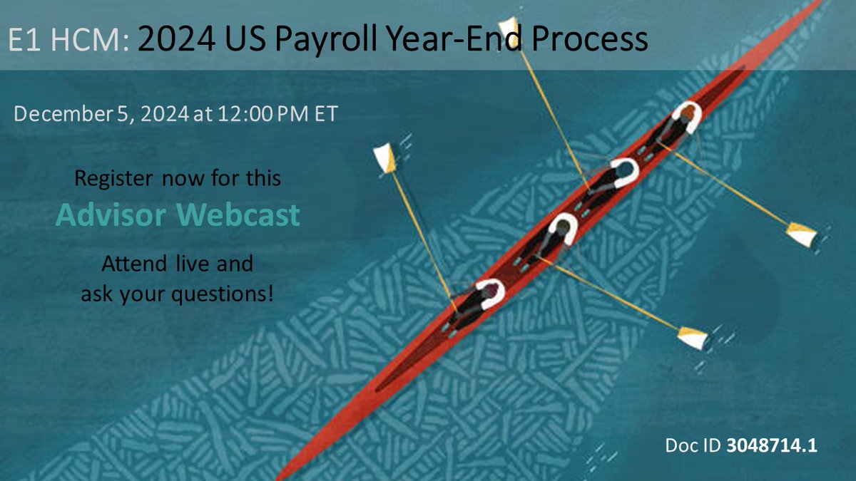 OracleJDEdwards's tweet image. #AdvisorWebcast 2024 US Payroll Year-End on December 5 at 12:00 PM ET for #OracleJDEdwards #1099Processing. Doc ID 3048714.1: bit.ly/4dLasUV