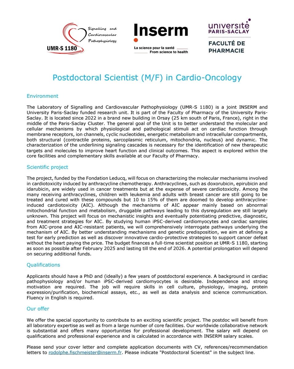 UMR-S 1180 Signaling & Cardiovasc Pathophysiol (@umr1180) on Twitter photo Hi, we are looking for a post doctoral researcher to work on a Leducq funded grant on the cardiotoxic effects of anticancer therapy. Experience with iPSC- cardiomyocytes is valued. See the add for more information. If you are interested, email to: rodolphe.fischmeister@inserm.fr Hi, we are looking for a post doctoral researcher to work on a Leducq funded grant on the cardiotoxic effects of anticancer therapy. Experience with iPSC- cardiomyocytes is valued. See the add for more information. If you are interested, email to: rodolphe.fischmeister@inserm.fr