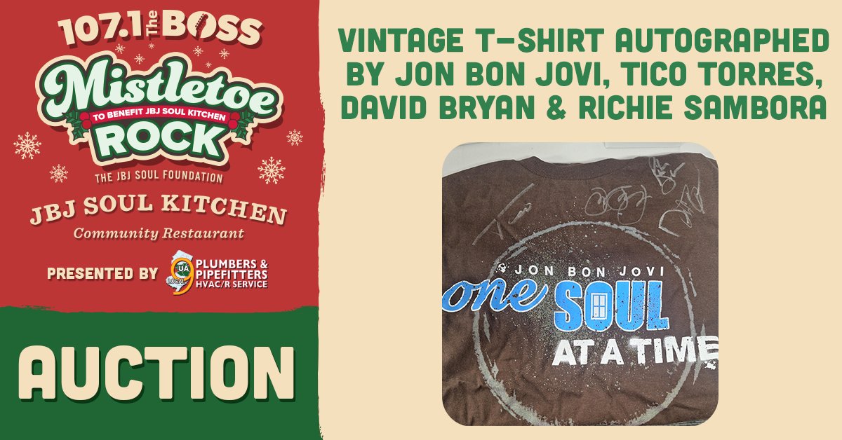 This vintage "One Soul At A Time" t-shirt, signed by all members of
<a href="/BonJovi/">Bon Jovi</a> - <a href="/jonbonjovi/">Jon Bon Jovi</a>, Tico Torres, David Bryan, and Richie Sambora is now up for auction! 🎶 Proceeds help provide meals for those facing food insecurity at JBJ Soul Kitchen. new.biddingowl.com/item/autograph…