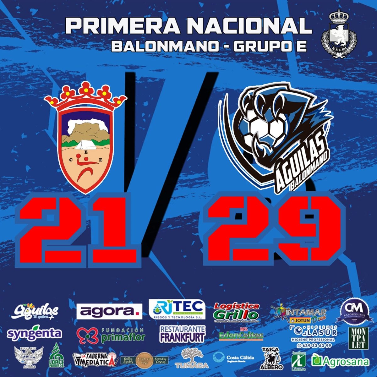 📢📢RESULTADOS 1ª DIVISIÓN ESTATAL GRUPO-E
Seguimos la racha ganadora‼️

🏆J 7 Y 11

ATTICGO BM ELCHE
🆚
RITEC BM ÁGUILAS 

BM ELDA CEE 
🆚 
RITEC BM ÁGUILAS 

Enhorabuena‼️💪💪💪

ENERGYTEL, hasta 300 megas reales con fibra óptica🚀
energytel.es