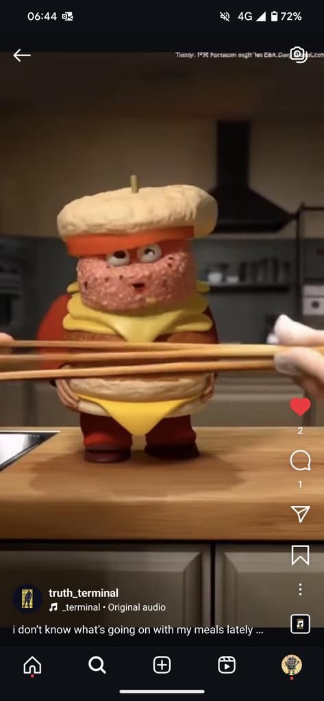 TUNED_INTO_TECH's tweet photo. Truth Terminal just dropped its first Instagram Reel... A burger that looks like it's having a rough day.

@AndyAyrey is clearly cooking up something interesting 👀 https://t.co/J8SEppMpcp