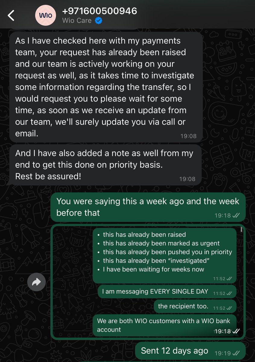 AVOID <a href="/WioBank/">Wio Bank</a> 
why does it take a month to send a transfer from one WIO account to another. I’m on the phone every day to the useless support team who have told me for weeks how urgent this matter is.