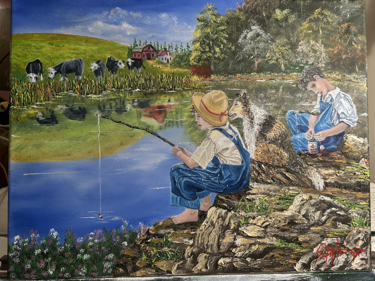 SchaulTerry's tweet photo. Late night at easel but I finished my most recent work, for my Father-In-Law ‘s Xmas gift!  A picture of his brother, him and their farm collie!

I can’t wait to see his expression when he opens it❤️❤️❤️❤️

Enjoy “The Fishin Hole” https://t.co/wRNghfXIhL
