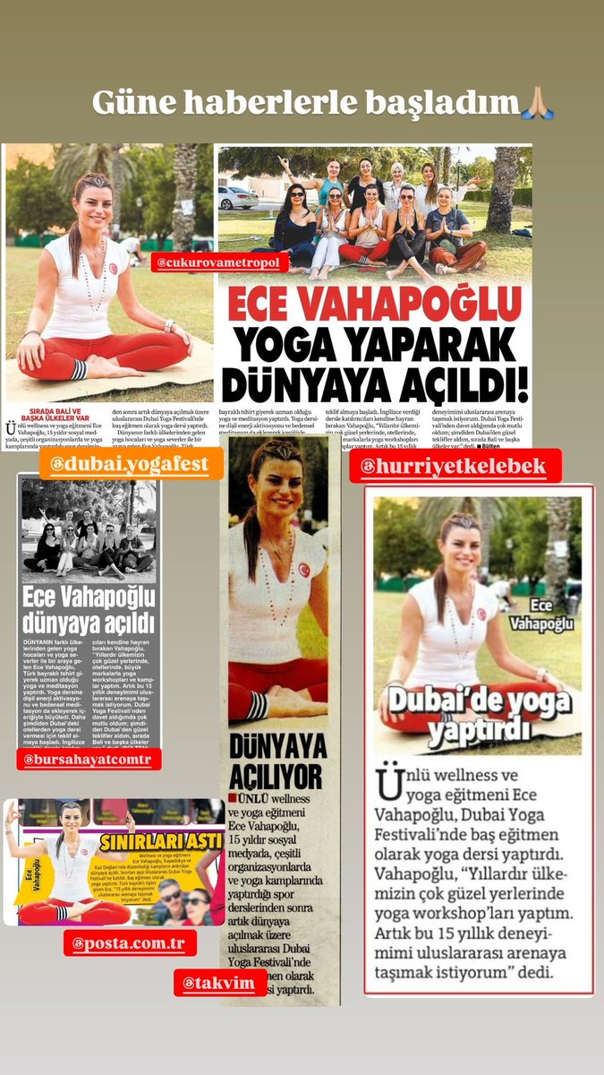 15 yıldır sosyal medyada, çeşitli organizasyonlarda ve yoga kamplarında yaptırdığım spor derslerinden sonra artık dünyaya açılmak üzere uluslararası Dubai Yoga Festivali’nde baş eğitmen olarak yoga dersi yaptırdım.