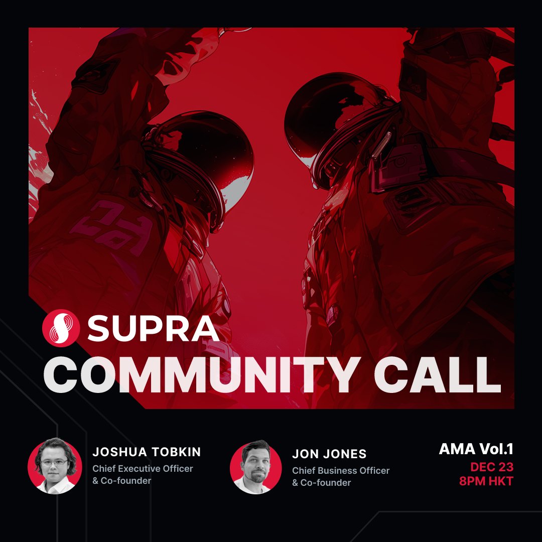SUPRA_Labs's tweet image. Sup Tribe! After some big milestones over the last few weeks, it&apos;s time for us all to regroup at the first Supra Community Call ☎️

Join @JonEvansJones and @JoshuaTobkin live on X Spaces here on December 23 (8PM HKT) with an AMA session, latest updates, and more 🚀

Set a…