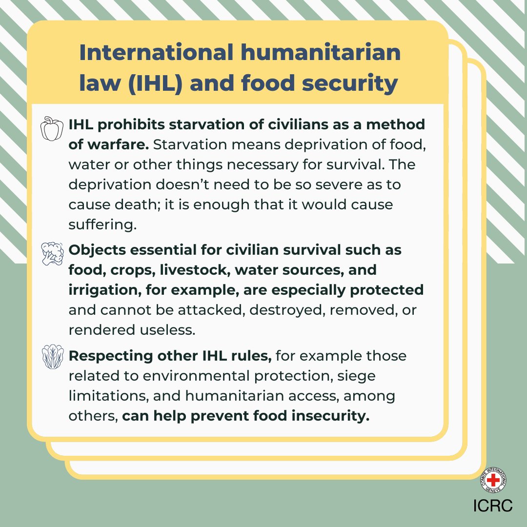 ICRC's tweet photo. In armed conflicts, access to food is often disrupted, leaving millions facing hunger. Crops, livestock, and water sources are destroyed, and food aid struggles to reach those in need. 

Access to food should not be a luxury. https://t.co/B8cR04ZQnX