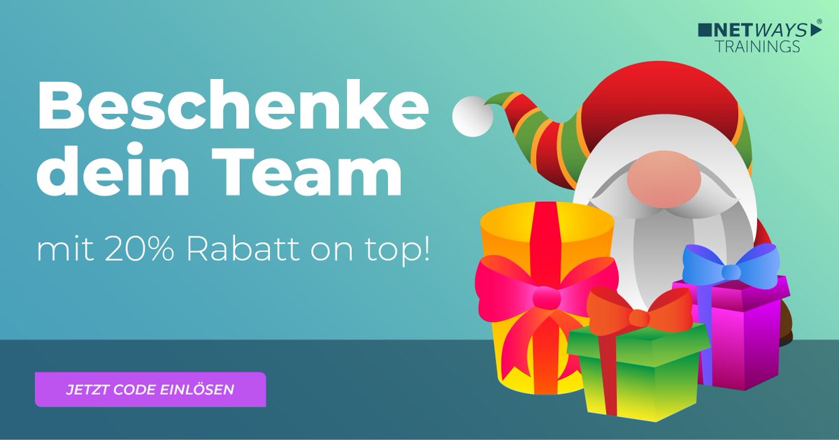 Mach deine IT fit für die Zukunft!
Mit unserem Winterspecial profitieren Teams gleich doppelt!
Zusätzlich zum Teamrabatt gibts jetzt 20% Nachlass on top!
Sichere dir und deinen Kollegen mit dem Code "HOHOHO20" jetzt eine #OpenSource Schulung zum Bestpreis!
netways.de/schulungs-spec…