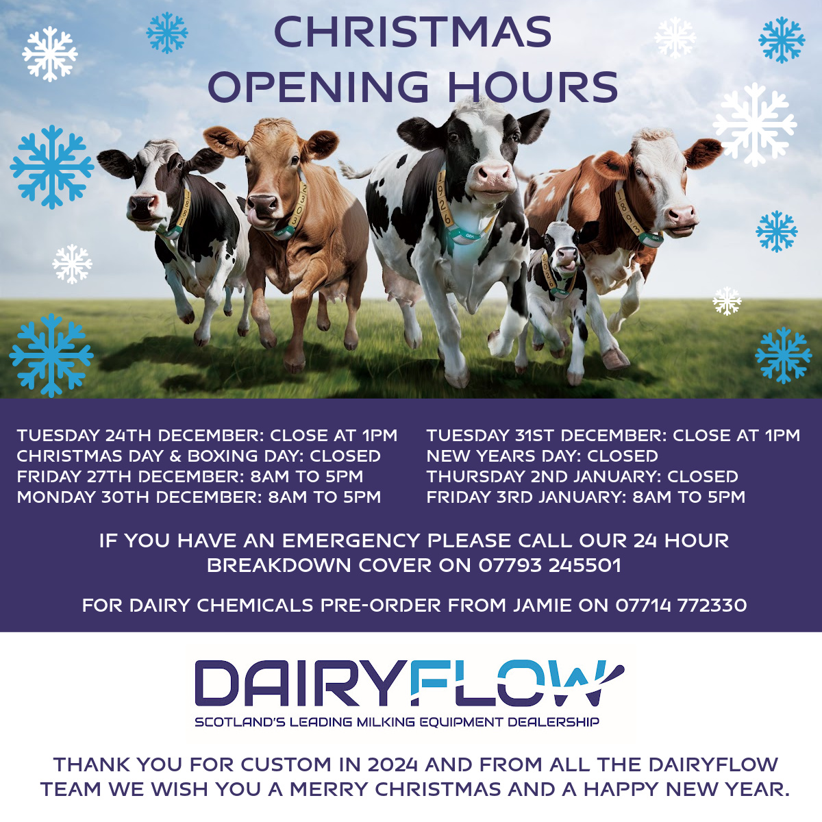🎄🎄Christmas Opening Hours.🎄🎄

Closed: Christmas Day, Boxing Day, New Years Day, 2nd January
Open: 24th to 1pm, 27th, 30th and 31st to 1pm December and 3rd January.

Don't forget to pre-order any dairy chemicals you need for Christmas from Jamie, call 07714 772330.
