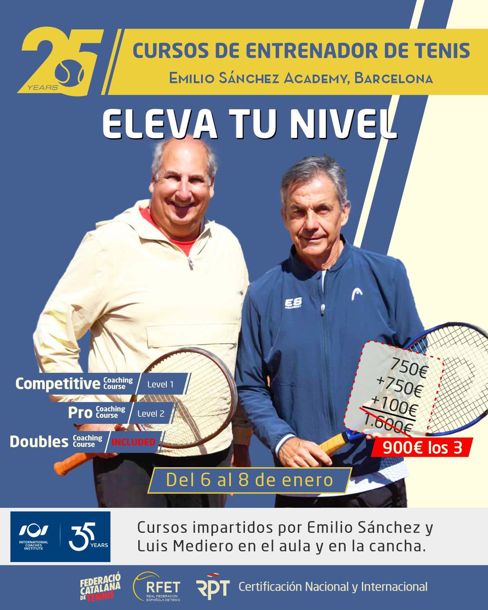 RPTenis (@rptenis) on Twitter photo Preparado para 2025‼️
Cursos de Formación & Certificación Profesional en <a href="/EmilioSanchezBn/">Emilio Sánchez Academy Bcn</a> con titulación internacional
✅ CCC Level 1
✅ ProCC Level 2
✅ DoublesCC
👉 con <a href="/EmilioSVicario/">EmilioSanchezVicario</a> <a href="/luismediero/">Luis Mediero</a> & TEAM ESA.
<a href="/rptenis/">RPTenis</a>
<a href="/RFETenis/">Tenis España</a>
<a href="/FCatTennis/">Tennis Català</a>
emiliosanchezacademy.com/landing-barcel… Preparado para 2025‼️
Cursos de Formación & Certificación Profesional en <a href="/EmilioSanchezBn/">Emilio Sánchez Academy Bcn</a> con titulación internacional
✅ CCC Level 1
✅ ProCC Level 2
✅ DoublesCC
👉 con <a href="/EmilioSVicario/">EmilioSanchezVicario</a> <a href="/luismediero/">Luis Mediero</a> & TEAM ESA.
<a href="/rptenis/">RPTenis</a>
<a href="/RFETenis/">Tenis España</a>
<a href="/FCatTennis/">Tennis Català</a>
emiliosanchezacademy.com/landing-barcel…