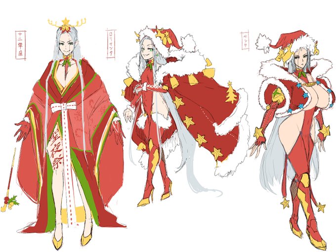 只今イベント配布キャラ【クリスマス】稲毛夏のデザイン・原画を担当しました。初めての季節物ユニットで嬉しい仕事でした。基本地味なデザインを好みますが、今回はソシャゲらしい頭悪い(褒め)衣装にしてみました。でも校長先生には敵わなかった。強ェ…#対魔忍RPG設定画いろいろ 