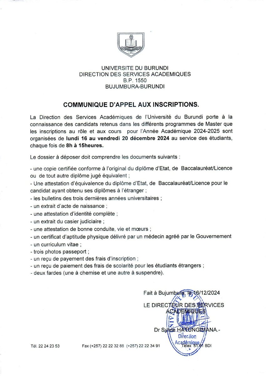 MPAWENIMANA Bosco (@bobolivingstone) on Twitter photo <a href="/UB_Rumuri/">Burundi University</a> porte à la connaissance des candidats retenus dans différents programmes de Master que les inscriptions sont organisées du lundi le 16 au vendredi le 20/12/2024 au service des étudiants de 8H00 à 15H00. Vive l'éducation au #Burundi 💪
<a href="/MENRS4/">Ministry, National Education & Scientific Research</a> <a href="/UB_Rumuri/">Burundi University</a> porte à la connaissance des candidats retenus dans différents programmes de Master que les inscriptions sont organisées du lundi le 16 au vendredi le 20/12/2024 au service des étudiants de 8H00 à 15H00. Vive l'éducation au #Burundi 💪
<a href="/MENRS4/">Ministry, National Education & Scientific Research</a>