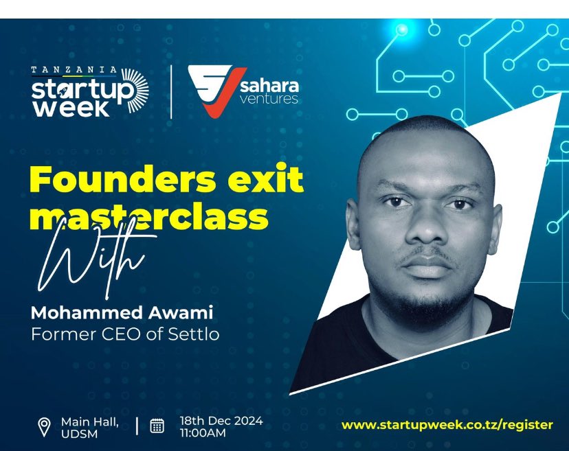 Madostas25's tweet image. Join us for a Startup Week Masterclass with Mohammed Awami, former CEO of Settlo, as he shares his journey of building and scaling Settlo.

🕙 11:00 AM - 1:00 PM
📍 New Library,UDSM
Date: 18th December
Don’t miss this chance to learn &amp;amp; get inspired! #StartupWeek #Entrepreneurship