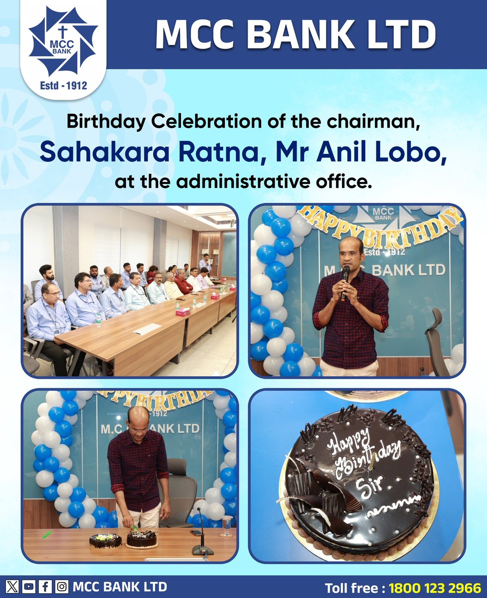 MCCBankLtd's tweet photo. The birthday of the chairman of MCC Bank, Sahakara Ratna, Mr Anil Lobo, was celebrated in the administrative Office of the Bank, today. (i.e. on 16.12.2024)

#MCCBank #HappyBirthday #Chairman #Celebration #Trending #Trend #India #indian https://t.co/mv9PiGyovC