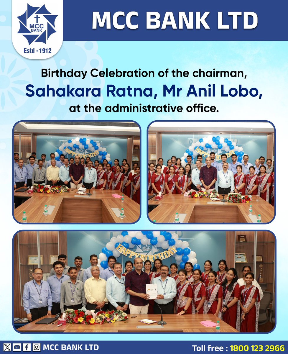 MCCBankLtd's tweet photo. The birthday of the chairman of MCC Bank, Sahakara Ratna, Mr Anil Lobo, was celebrated in the administrative Office of the Bank, today. (i.e. on 16.12.2024)

#MCCBank #HappyBirthday #Chairman #Celebration #Trending #Trend #India #indian https://t.co/mv9PiGyovC
