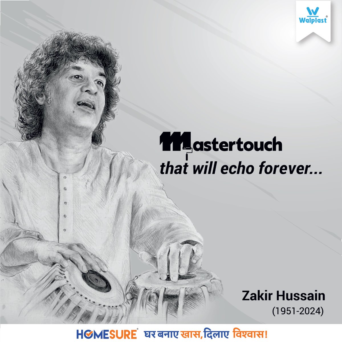 Walplast's tweet photo. Remembering the legendary #ZakirHussain, whose mastery over rhythm has left an indelible mark on the world of music. #Homesure believes in the power of a master’s touch to create moments that leave a lasting impression🎶🖤.
#MasterTouch #LegendaryBeats #MusicLivesOn #Walplast https://t.co/gT60LOgEpr