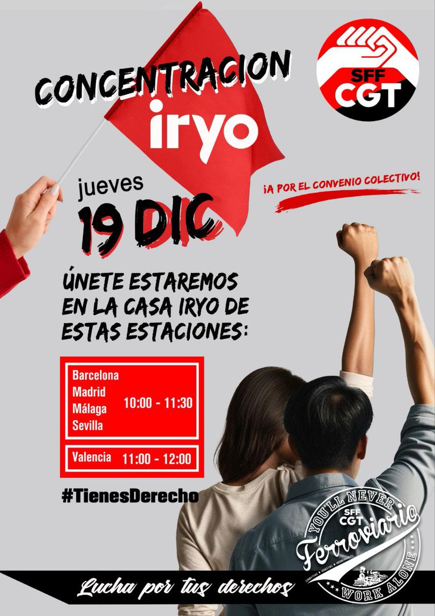 ¡NO! A la propuesta de <a href="/iryo_eu/">iryo.eu</a> , las huelgas continúan adelante‼️💪 <a href="/SFFCGT/">CGT Sector Federal Ferroviario</a> 
#lavelocidadtranquila #somosiryo #expedicioniryo #convenioya

🔴⚫️ Concentración en #Barcelona 

📅 19 de diciembre

🕥 10:00 horas

📍 Estación de Sants. Frente a la sede de IRYO
