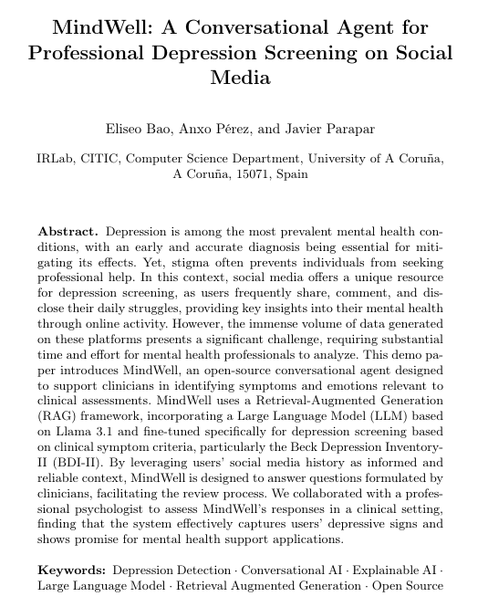 Happy to see <a href="/eliseobao/">Eliseo Bao</a> demo paper with <a href="/anxopvila/">Anxo</a> "MindWell: A Conversational Agent for Professional Depression Screening on Social Media" accepeted at #ECIR2025 🎉📚✨Vémonos en Lucca! 🇮🇹
