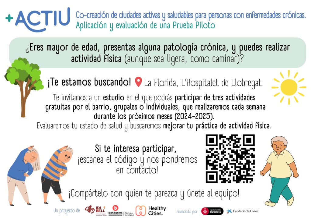 Si eres mayor de edad, presentas alguna enfermedad crónica, y puedes realizar act física (como caminar), te estamos buscando! 
📍La Florida, L'H
3 actividades gratuitas ➡️ guiadas por fisioterapeutas
⤵️Rellena el formulario
forms.gle/tPspTXHA3hVrNf…

+Info mesactiu.com