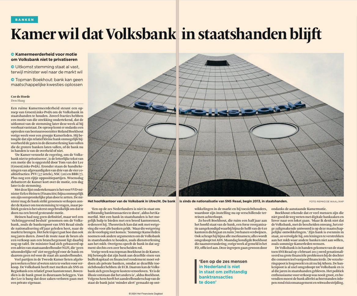 “Kamer wil dat Volksbank in staatshanden blijft”

De unieke nutsfunctie die de Volksbank vervult door ‘t onderhouden van ‘n groot landelijk dekkend netwerk van kantoren dreigt verloren te gaan door privatisering.

Namens 108 Kamerleden wil ik via ‘n motie privatisering voorkomen!