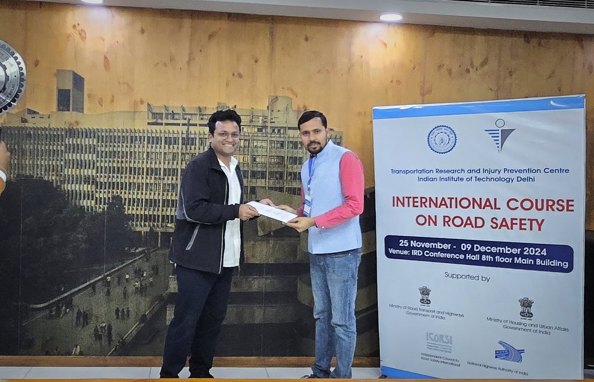 pssircivil's tweet photo. New Milestone achieved! 🚦
Delighted to have attained certification as a Road Safety Auditor, accredited by the Indian Roads Congress (IRC) and MoRTH-Govt of India, after successfully completing the International Road Safety Course by TRIP Centre, IIT Delhi. https://t.co/0JiVlrUZ27