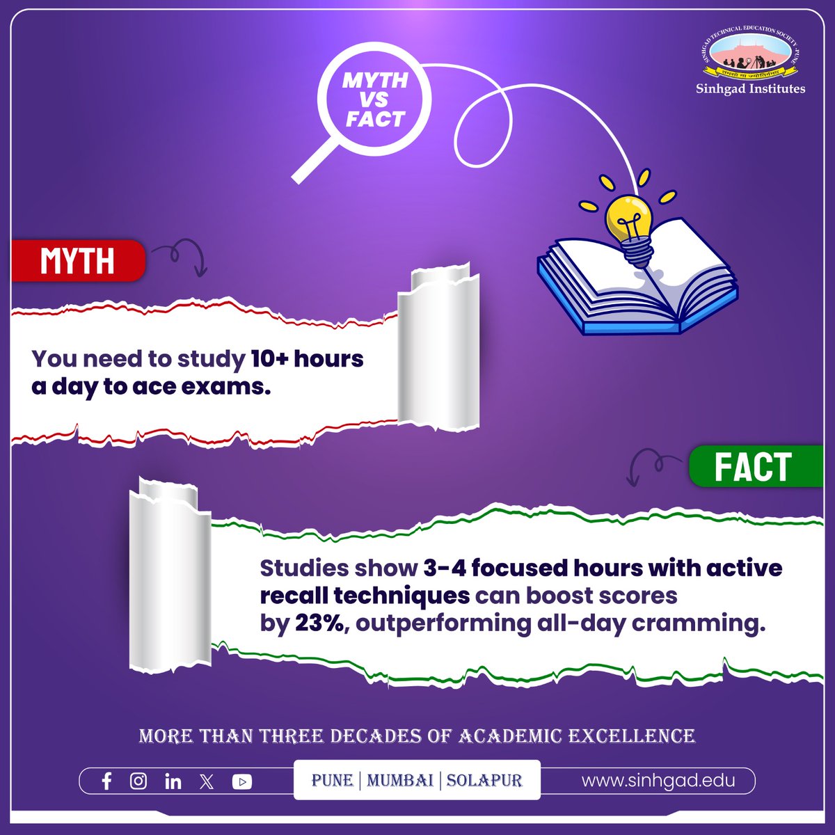SinhgadCollege's tweet image. Study Smarter, Not Harder!

Think you need to study 10+ hours a day to ace your exams? Think again! 🚫 

Studies show that just 3-4 hours of focused study with active recall can boost your scores by 23%! 💡 

#SinhgadInstitutes #StudySmart #MythandFact #ExamTips #ActiveRecall