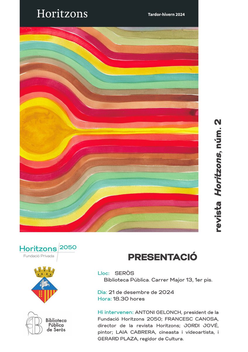 Antoni Gelonch (@antoni_gelonch) on Twitter photo Dissabte 21, a 2/4 d 7 d la tarda, #HORITZONSTOUR farà parada a SERÒS. A la Biblioteca Publica hi serem <a href="/francesccanosa/">Francesc Canosa Farran</a>, <a href="/LaiaCabreraCo/">Laia Cabrera & Co.</a>, Jordi Jové, Gerard Plaza i <a href="/Antoni_Gelonch/">Antoni Gelonch</a>.
Organitzen <a href="/Horitzons2050/">Fundació Privada Horitzons 2050</a>, <a href="/ajuntamentseros/">Ajuntament de Seròs</a> i <a href="/BiblioSeros/">Institut Seròs</a>.
US HI ESPEREM! Dissabte 21, a 2/4 d 7 d la tarda, #HORITZONSTOUR farà parada a SERÒS. A la Biblioteca Publica hi serem <a href="/francesccanosa/">Francesc Canosa Farran</a>, <a href="/LaiaCabreraCo/">Laia Cabrera & Co.</a>, Jordi Jové, Gerard Plaza i <a href="/Antoni_Gelonch/">Antoni Gelonch</a>.
Organitzen <a href="/Horitzons2050/">Fundació Privada Horitzons 2050</a>, <a href="/ajuntamentseros/">Ajuntament de Seròs</a> i <a href="/BiblioSeros/">Institut Seròs</a>.
US HI ESPEREM!