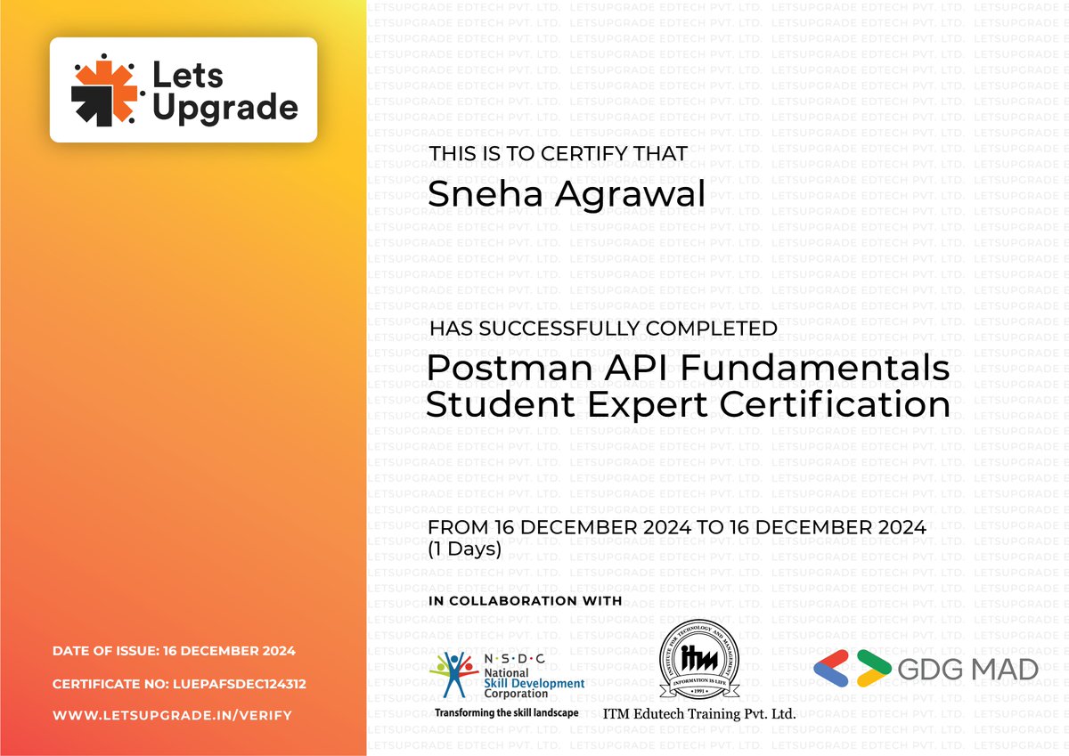 Sneha_agrawal15's tweet image. 🚀 Excited to complete the Postman API Student Expert Certification!🎓
✅ Learned GET, POST, PATCH, DELETE requests
✅ Query params, headers, scripting & API Key Auth
✅ Real-world API integration
Thanks to Mr. Ali Mustufa, Postman, & Let’s Upgrade! 🌟
#PostmanAPI #APIs #SkillUp