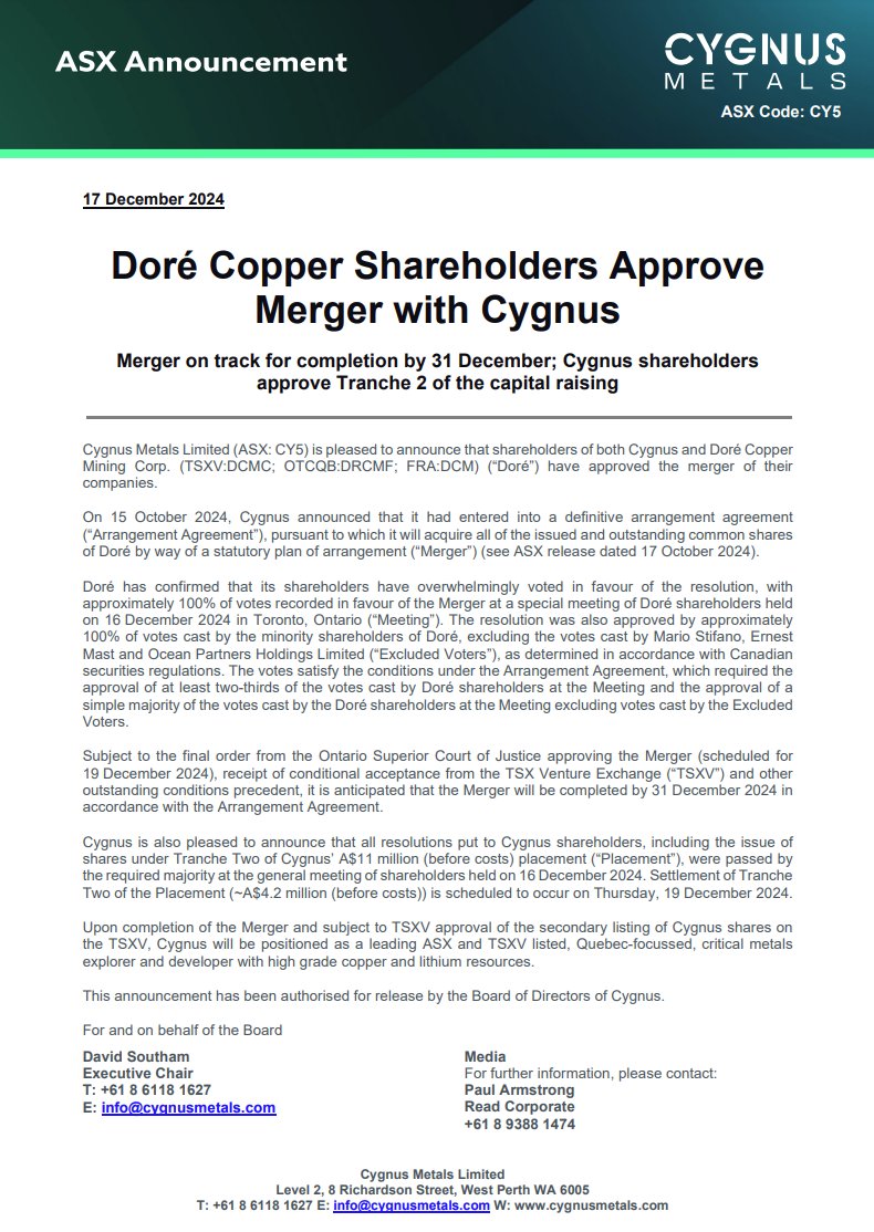 CygnusMetals1's tweet image. Cygnus Metals is pleased to announce that shareholders of both Cygnus and Doré Copper Mining Corp. have approved the merger of their companies.

Find out more here: cygnusmetals.com

#CY5 #copper #exploration #criticalMinerals #Canada #ASX