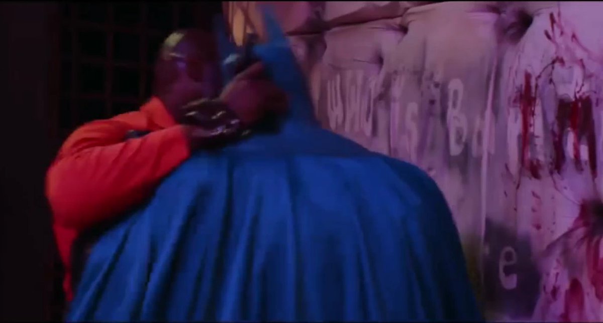 Man90B's tweet image. TwoFace proves too powerful for Batman. Smashing his body and cowl into the wall, landing several hard hits into the hero's abs and below the belt. 

#batman #batmanbeaten #herointrouble