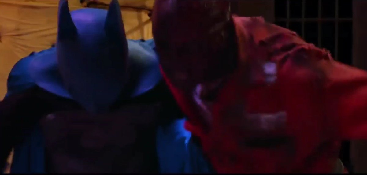 Man90B's tweet image. Even though the batsuit body-armor should protect him against these punches and kicks, it's obvious he's feeling the pain.
#batman #batmanbeaten #herointrouble