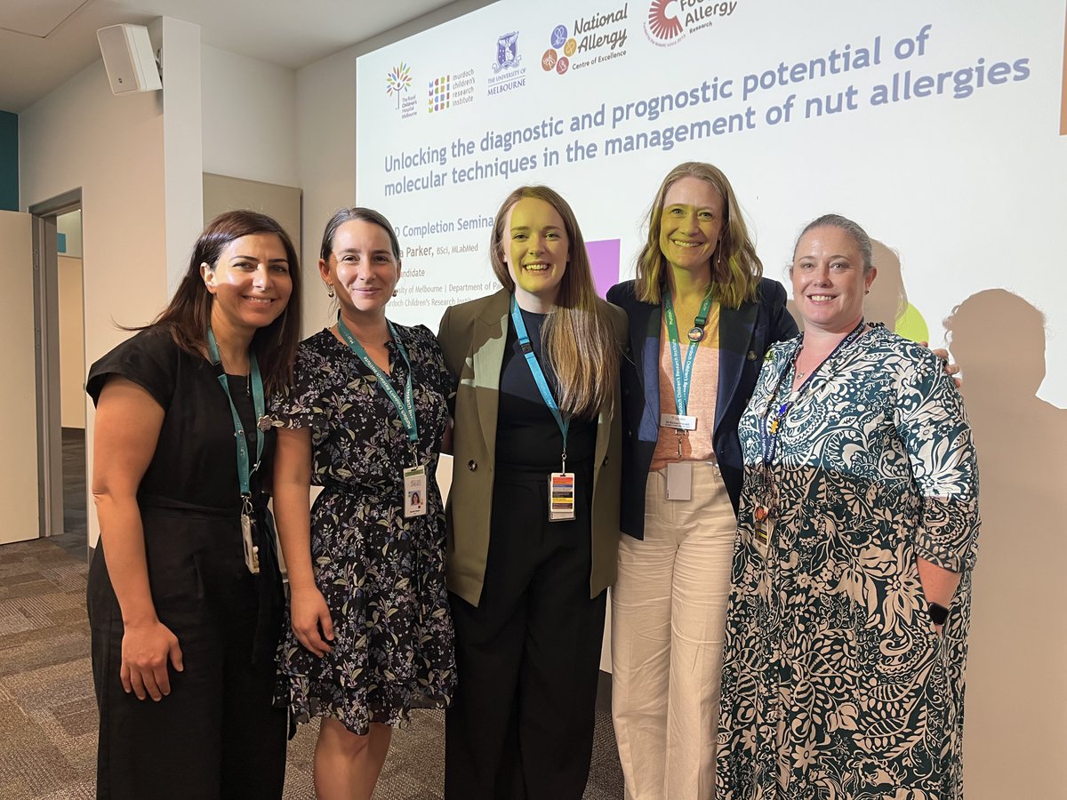 Population Allergy Group, MCRI (@popallergy) on Twitter photo Congrats Kayla, who presented her PhD completion seminar 'Unlocking the diagnostic and prognostic potential of molecular techniques in the management of nut allergies' <a href="/MCRI_for_kids/">Murdoch Children's Research Institute (MCRI)</a> today.
📸 Dr Kiymet Bozaoglu, <a href="/DrRachelPeters/">A/Prof Rachel Peters</a>, <a href="/_KaylaParker/">Kayla Parker</a>, <a href="/KirstenPerrett/">Prof Kirsten Perrett</a>, Dr Alison Compton Congrats Kayla, who presented her PhD completion seminar 'Unlocking the diagnostic and prognostic potential of molecular techniques in the management of nut allergies' <a href="/MCRI_for_kids/">Murdoch Children's Research Institute (MCRI)</a> today.
📸 Dr Kiymet Bozaoglu, <a href="/DrRachelPeters/">A/Prof Rachel Peters</a>, <a href="/_KaylaParker/">Kayla Parker</a>, <a href="/KirstenPerrett/">Prof Kirsten Perrett</a>, Dr Alison Compton