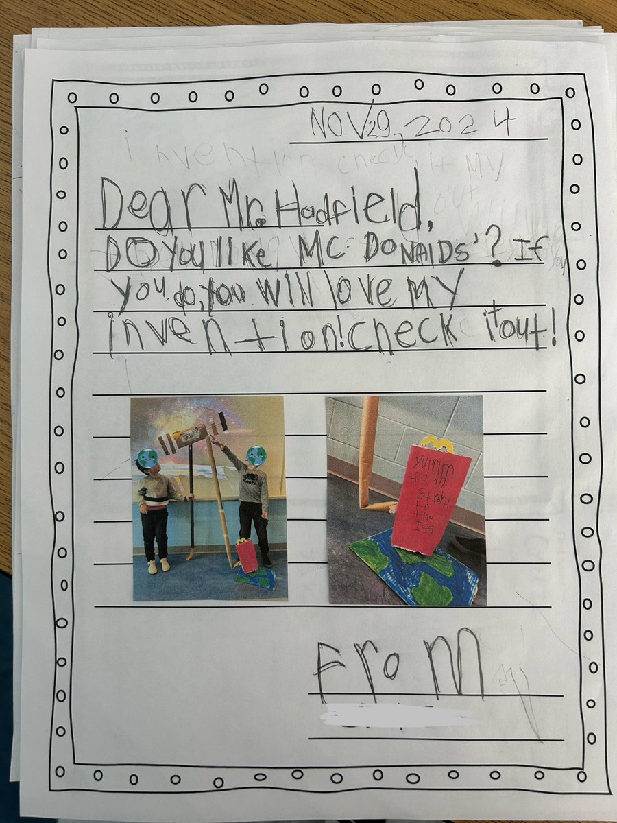 mrswollziefer's tweet image. The Gr. 1s explored building materials and structures by creating space inventions, developing our understanding of design and innovation! 🚀 

We even shared our ideas with a real-life astronaut, @Cmdr_Hadfield! 🌟📬 #DeepLearning #LearningPartnerships