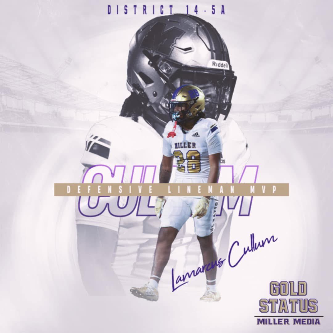 Congratulations to <a href="/Lamarcus_Cullum/">Lamarcus “ scooby” Cullum</a> for being selected District Defensive Lineman MVP! Recruitment is STILL open!!! #RecruitMiller #BattlinBucBlvd