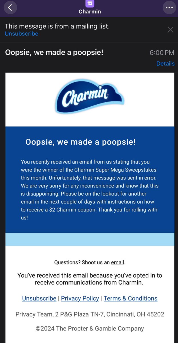 Charmin gave me the sheet.  They told me I won the sweepstakes.  I proudly told the family.  24 hours later I look like a fool.  Thanks #Charmin …#ChristmasIsRuined