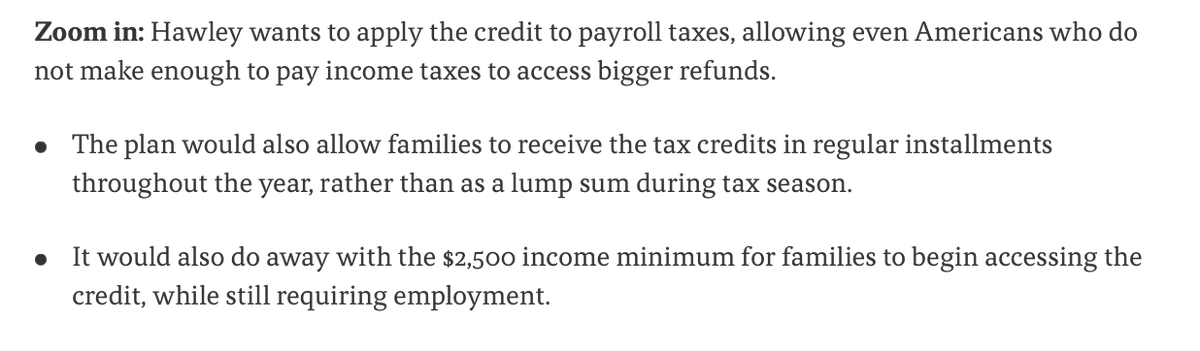 2.) If Hawley's refundability expansion is just counting a family's earnings under $2.5k w/ the same 15% phase-in rate we have now (approximating payroll taxes):

A married couple with two kids making $50k still doesn't make enough to get the full $10k.

Policy design matters.