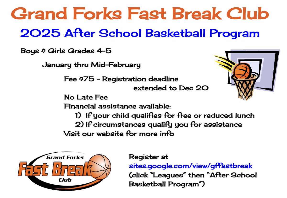 Still time to register for the After School Basketball Program deadline Dec 20
No late fee
Don't miss out on this exciting opportunity
4th-5th grade boys &amp; girls can register at sites.google.com/view/gffastbre……(click “Leagues” then “After School Basketball Program”) #gffastbreak