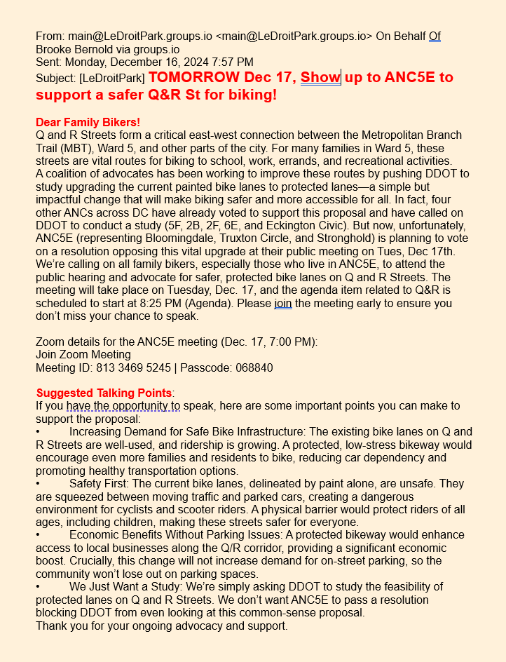 see this message encouraging pro-bicycle-lanes for Q &amp; R St NW supporters to attend the Tuesday, 12-17-2024, <a href="/anc5edc/">Advisory Neighborhood Commission 5E</a> virtual meeting

<a href="/DDOTDC/">DDOT DC</a> 
<a href="/TruxtonCircle/">Truxton Circle, DC</a> #BloomingdaleDC 
🚲