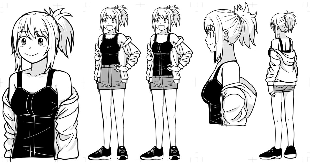 (つづき)1枚目はさくらの友達キャラのエリカ。ハイウエストのズボンのデザインも模索しましたが、しっくりこなっかったのでローライズのショートパンツを採用。2枚目は登場キャラの背比べ表。3枚目はロペの姉マリオン。マリオンは急いでデザインしたので全身画の前と後ろの絵しかありません。 