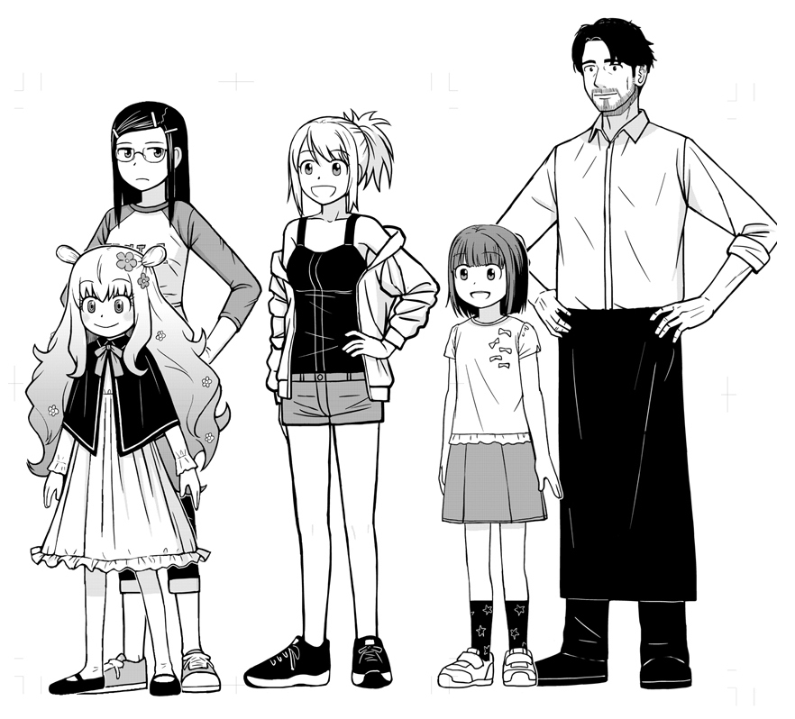(つづき)1枚目はさくらの友達キャラのエリカ。ハイウエストのズボンのデザインも模索しましたが、しっくりこなっかったのでローライズのショートパンツを採用。2枚目は登場キャラの背比べ表。3枚目はロペの姉マリオン。マリオンは急いでデザインしたので全身画の前と後ろの絵しかありません。 