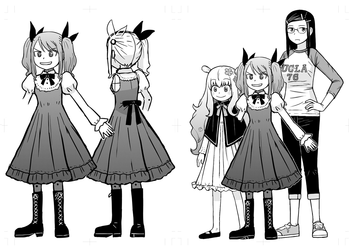 (つづき)1枚目はさくらの友達キャラのエリカ。ハイウエストのズボンのデザインも模索しましたが、しっくりこなっかったのでローライズのショートパンツを採用。2枚目は登場キャラの背比べ表。3枚目はロペの姉マリオン。マリオンは急いでデザインしたので全身画の前と後ろの絵しかありません。 