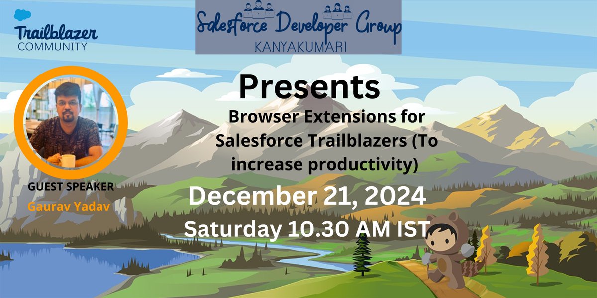 Hi Everyone. I am Calling for Salesforce Trailblazers to join us for the Browser Extensions for Salesforce Trailblazers  on  December 21 at 10.30 AM  (IST) by Speaker  Gaurav Yadav . To join the session please register at  trailblazercommunitygroups.com/events/details…
#TrailblazerCommunity #Salesforce