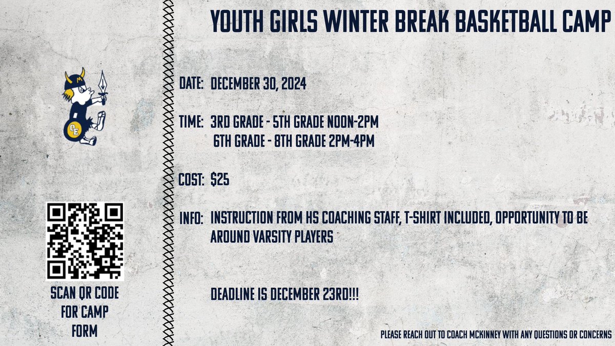 Need some winter break plans? We are looking forward to having our first youth girls basketball camp over break. Great opportunity for your daughter to get in the gym and receive instruction from the HS Coaching Staff on fundamentals like ball handling, finishing and shooting!