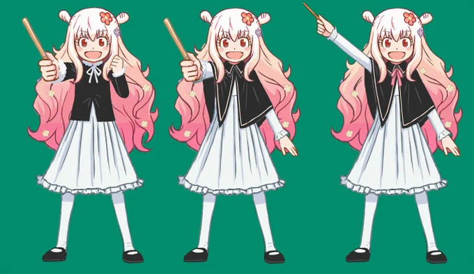 (つづき)連載前のキャラデ模索画です。1枚目は「佐藤順一監督の女児向けアニメのキャラ」をイメージして描きました。2枚目はペネロペのデザインの模索。早い段階で「腰まであるもじゃもじゃピンク髪」「花飾り」「白ワンピに黒ケープ」が決まりました。3枚目はさくらのデザインの模索。(おわり)