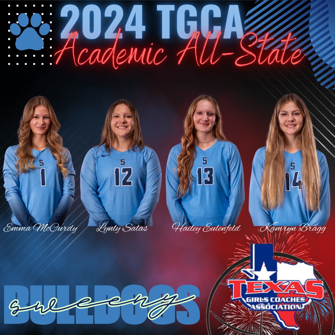 Congratulations to the following senior athletes for being named to the 2024 TGCA Academic All-State team.

#1 - Sr. Emma McCurdy
#12 - Sr. Lynly Salas
#13 - Sr. Hailey Eulenfeld
#14 - Sr. Kamryn Bragg

<a href="/CoachJaySeibert/">Jay Seibert</a> <a href="/sweenybulldogs/">Sweeny Athletics</a>