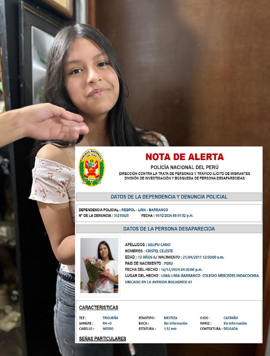 Aderly's tweet photo. #URGENTE TE ESTAMOS BUSCANDO, CRISTEL 
Tiene 13 años, desapareció hoy a la 1:00 pm saliendo de su colegio en el distrito de Barranco. 
Viste buzo de su colegio color azul y una mochila color marrón. 

Cualquier información 958069637 Joselyn (su mamá) o al 114 de la PNP. https://t.co/rbRqPvPHpS