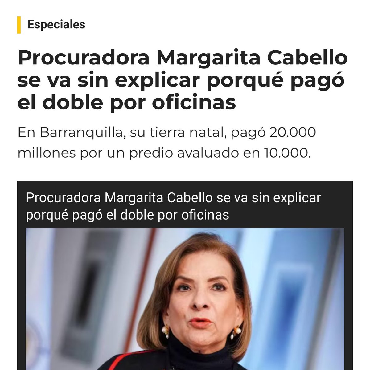 UldaricoRamire's tweet photo. Hoy el Congreso salió de vacaciones y Cambio Radical, Centro Democrático y el P. Conservador protegieron a Margarita Cabello. Está señora se va sin responder al país cómo pagó $20 mil millones por un predio que valía $10 mil millones. Otro atraco al bolsillo de la colombianos. https://t.co/Eg62Sfb62o